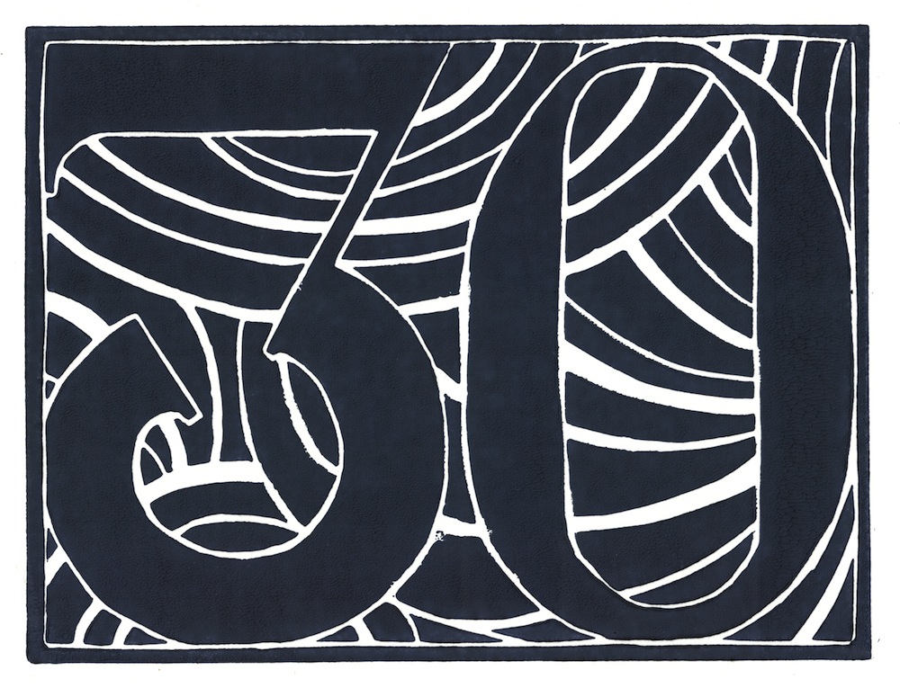 Dark-blue lino print of the number 30 on white paper