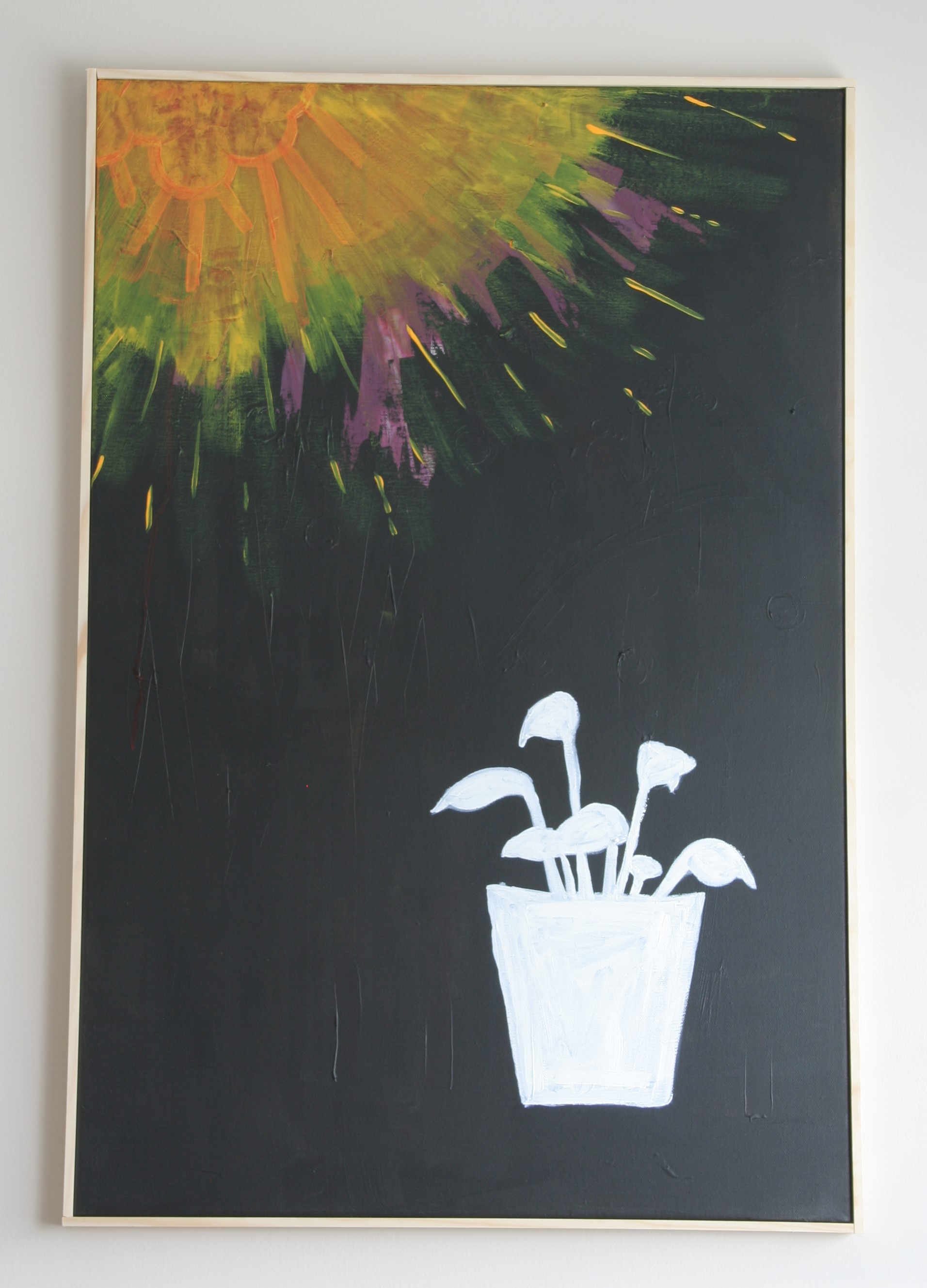 2024 - Acrylic and paper on canvas with a simple wooden frame. White-filled outline of plant pot and leaves on a black background, with top left a yellow and orange sun over purple burst.